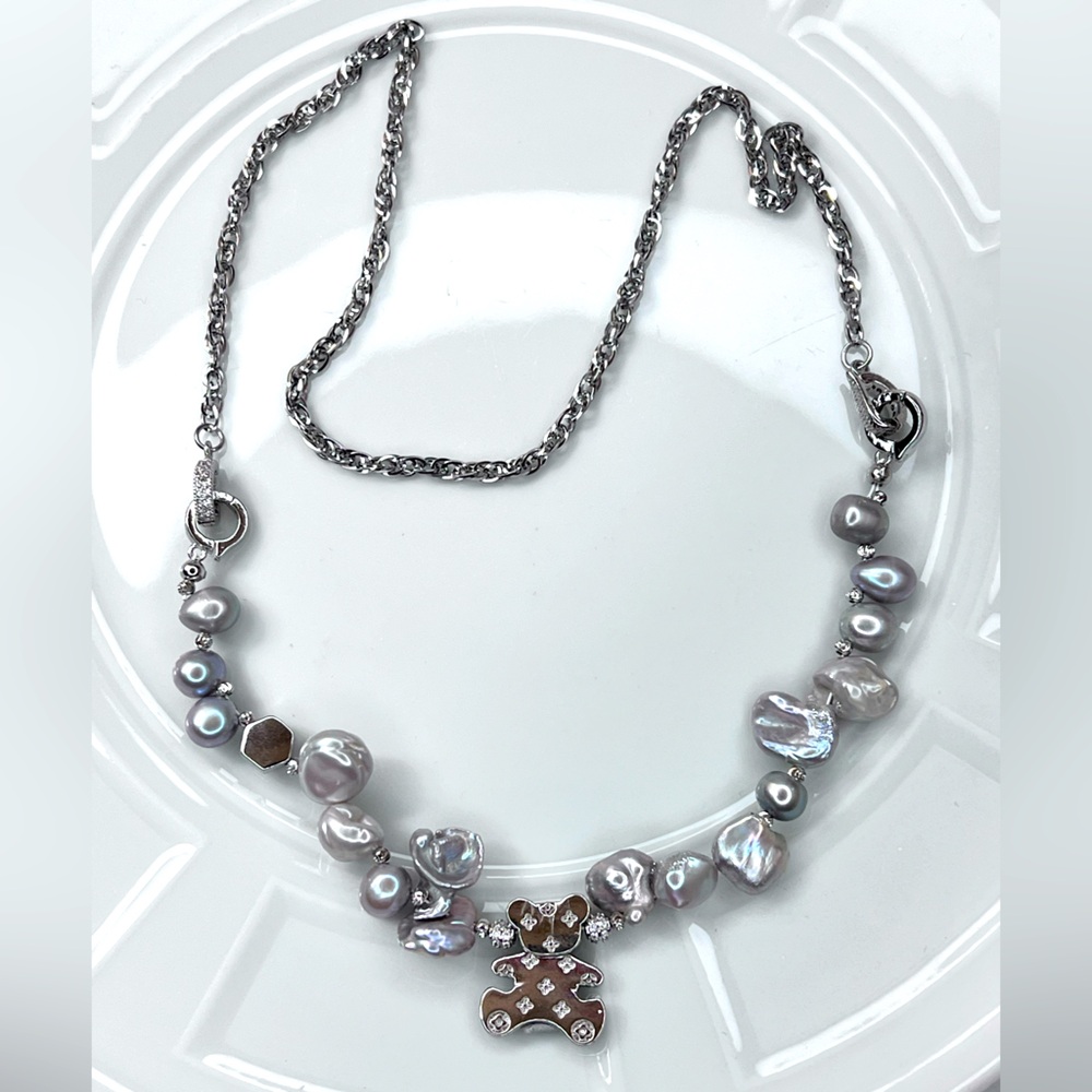 Handmade Freshwater Silvery Keshi Pearl Bear Bracelet Necklace 2 In 1 Extender